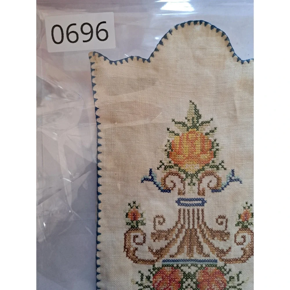 Vintage Handmade Cross Stitch Linen Floral Urn Scalloped Panels Set of 2 Cream